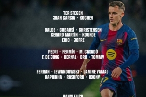 巴萨vs奥萨苏纳名单：亚马尔、佩德里领衔 特尔施特根入选