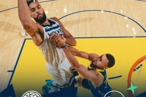 库中锋实锤森林狼赢球海报：戈贝尔封面人物 库里成防守背景